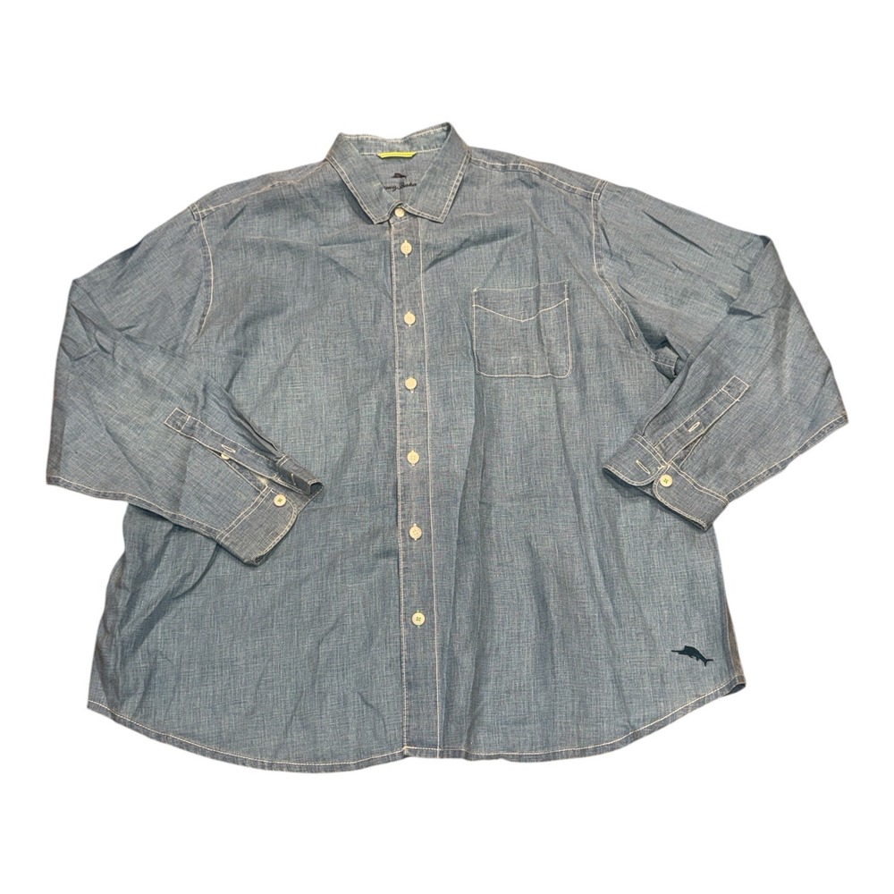 Tommy Bahama Mens 2XLB Blue 100% Linen Long Sleeve Button Down Shirt Marlin Logo